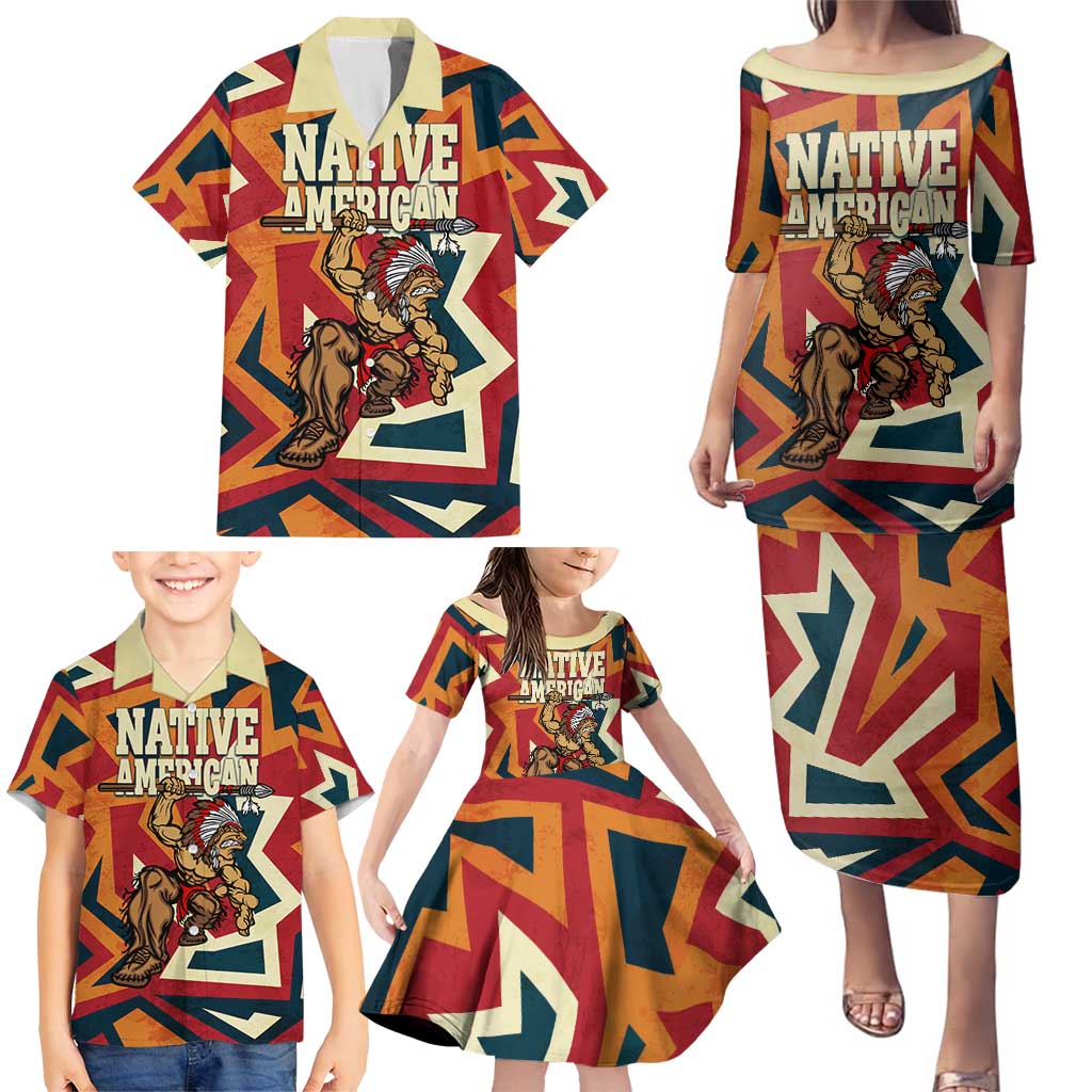 Native American Warrior Family Matching Puletasi and Hawaiian Shirt with Tribal Geometric Pattern Bold Sunset Mountain - Wonder Print Shop