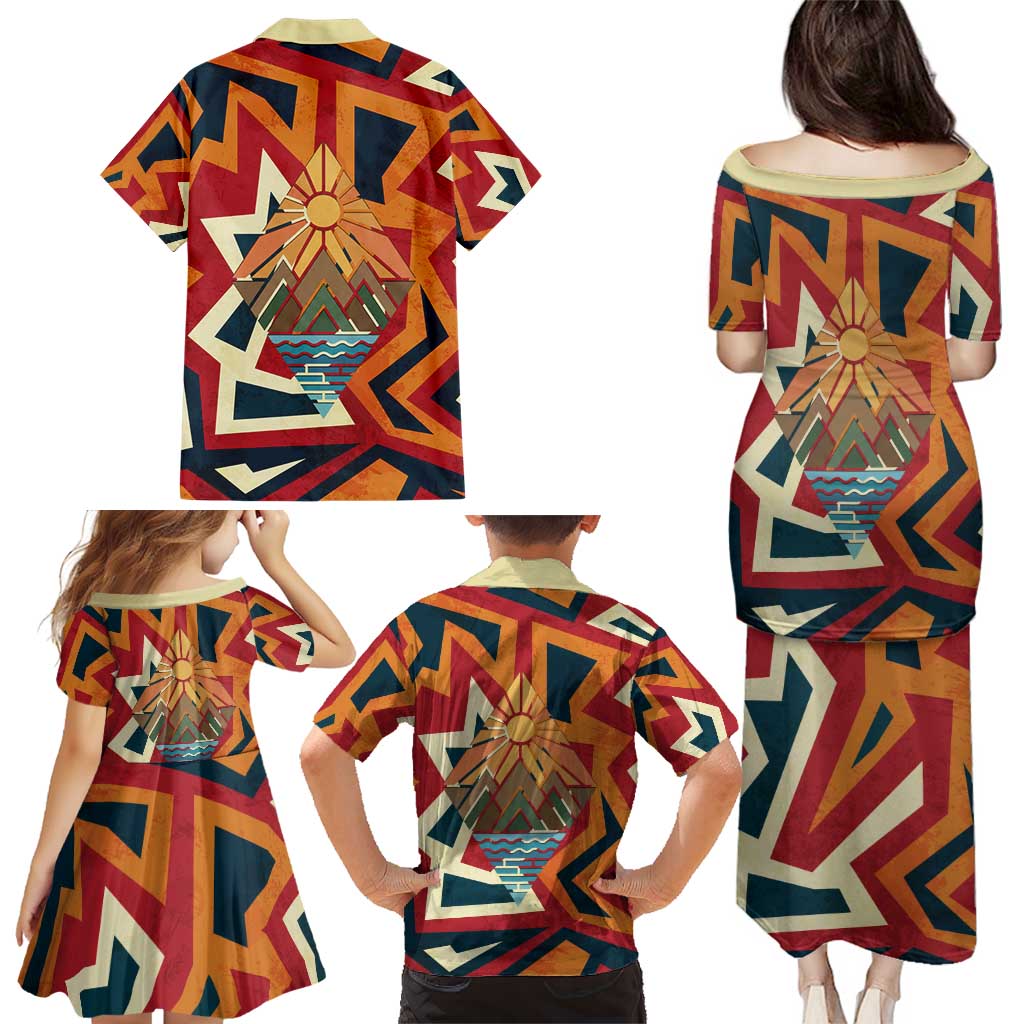 Native American Warrior Family Matching Puletasi and Hawaiian Shirt with Tribal Geometric Pattern Bold Sunset Mountain - Wonder Print Shop