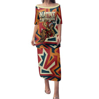 Native American Warrior Family Matching Puletasi and Hawaiian Shirt with Tribal Geometric Pattern Bold Sunset Mountain - Wonder Print Shop