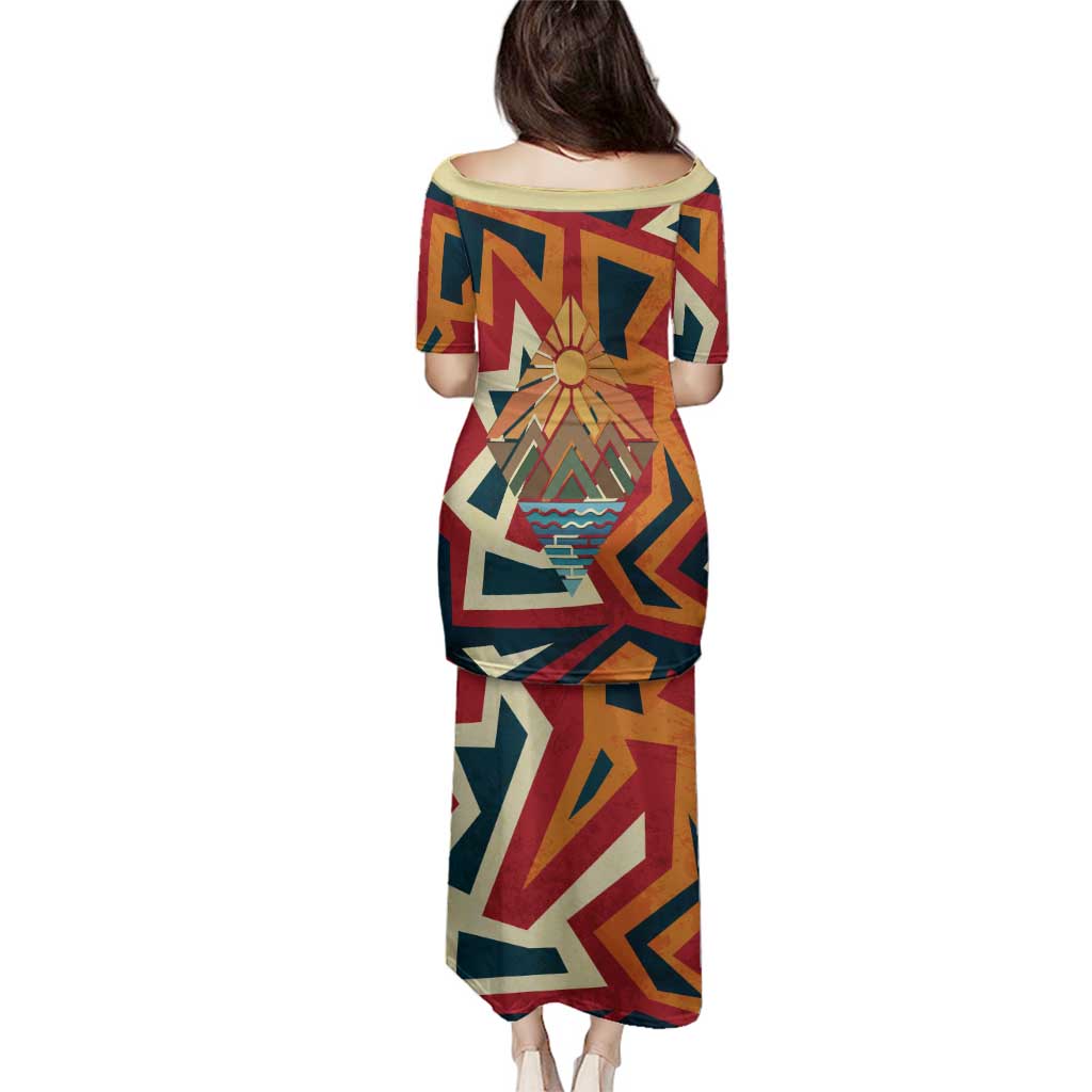 Native American Warrior Family Matching Puletasi and Hawaiian Shirt with Tribal Geometric Pattern Bold Sunset Mountain - Wonder Print Shop