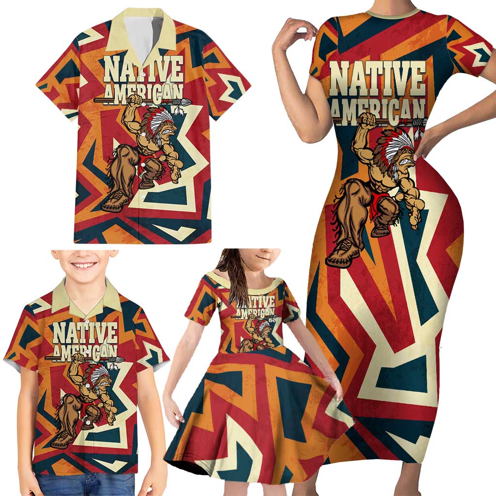 Native American Warrior Family Matching Short Sleeve Bodycon Dress and Hawaiian Shirt with Tribal Geometric Pattern Bold Sunset Mountain - Wonder Print Shop