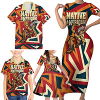 Native American Warrior Family Matching Short Sleeve Bodycon Dress and Hawaiian Shirt with Tribal Geometric Pattern Bold Sunset Mountain - Wonder Print Shop
