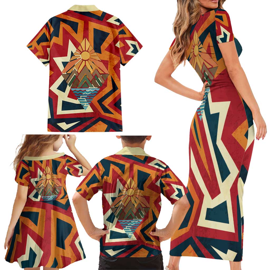 Native American Warrior Family Matching Short Sleeve Bodycon Dress and Hawaiian Shirt with Tribal Geometric Pattern Bold Sunset Mountain - Wonder Print Shop