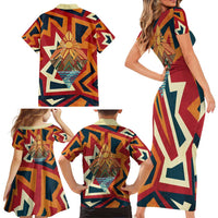 Native American Warrior Family Matching Short Sleeve Bodycon Dress and Hawaiian Shirt with Tribal Geometric Pattern Bold Sunset Mountain - Wonder Print Shop