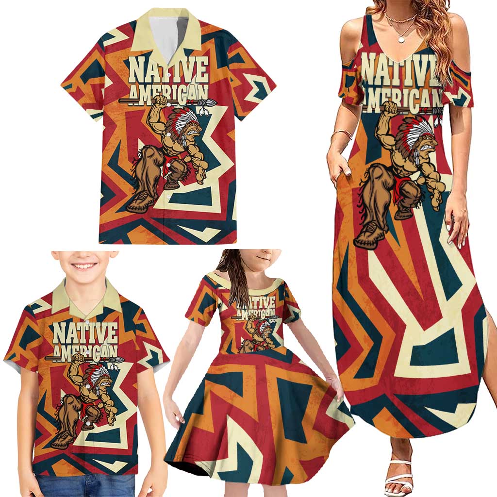 Native American Warrior Family Matching Summer Maxi Dress and Hawaiian Shirt with Tribal Geometric Pattern Bold Sunset Mountain - Wonder Print Shop