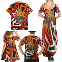 Native American Warrior Family Matching Summer Maxi Dress and Hawaiian Shirt with Tribal Geometric Pattern Bold Sunset Mountain - Wonder Print Shop
