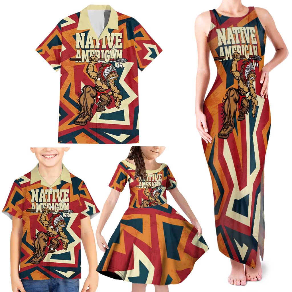 Native American Warrior Family Matching Tank Maxi Dress and Hawaiian Shirt with Tribal Geometric Pattern Bold Sunset Mountain - Wonder Print Shop