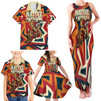 Native American Warrior Family Matching Tank Maxi Dress and Hawaiian Shirt with Tribal Geometric Pattern Bold Sunset Mountain - Wonder Print Shop