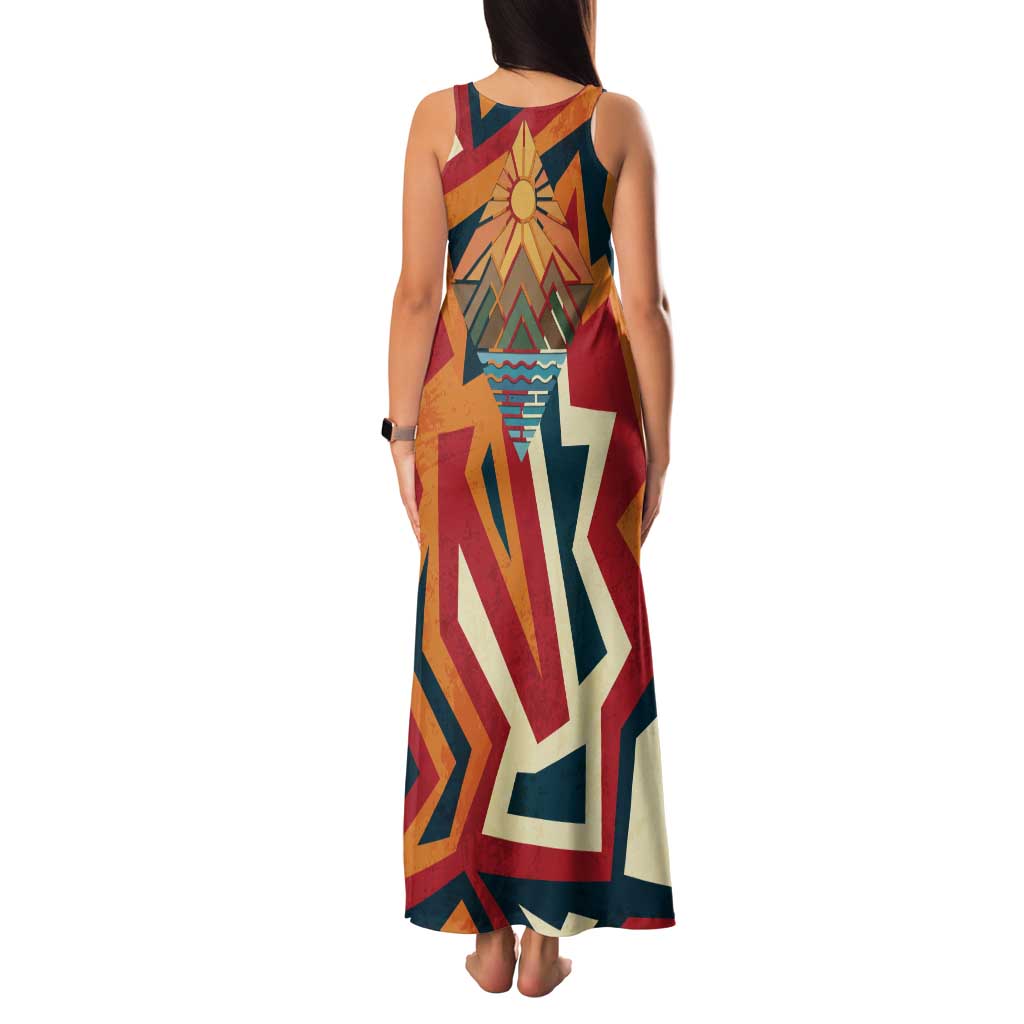 Native American Warrior Family Matching Tank Maxi Dress and Hawaiian Shirt with Tribal Geometric Pattern Bold Sunset Mountain - Wonder Print Shop