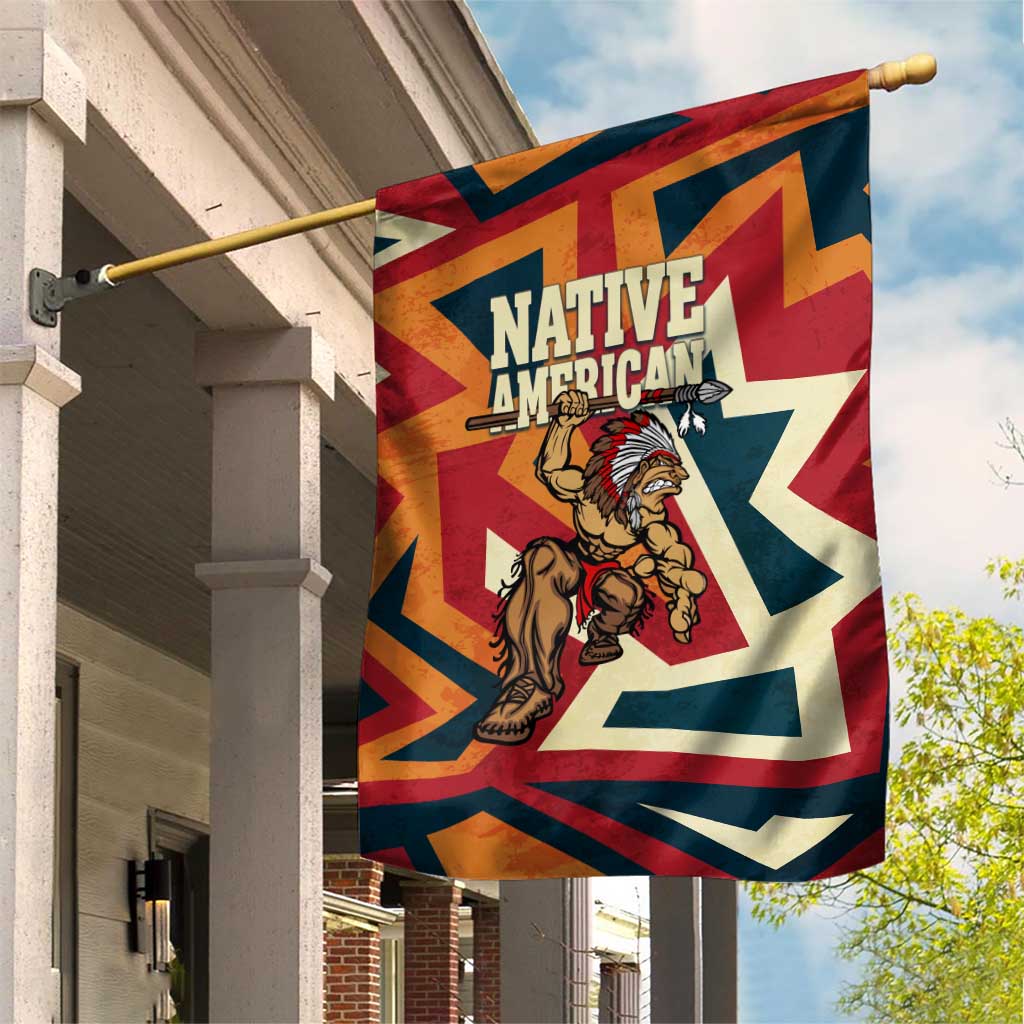 Native American Warrior Garden Flag with Tribal Geometric Pattern Bold Sunset Mountain - Wonder Print Shop