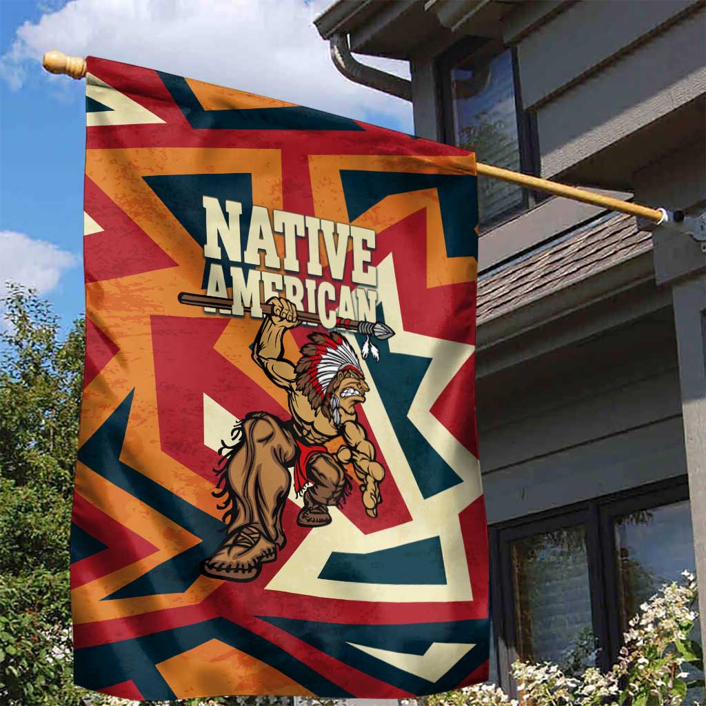 Native American Warrior Garden Flag with Tribal Geometric Pattern Bold Sunset Mountain - Wonder Print Shop