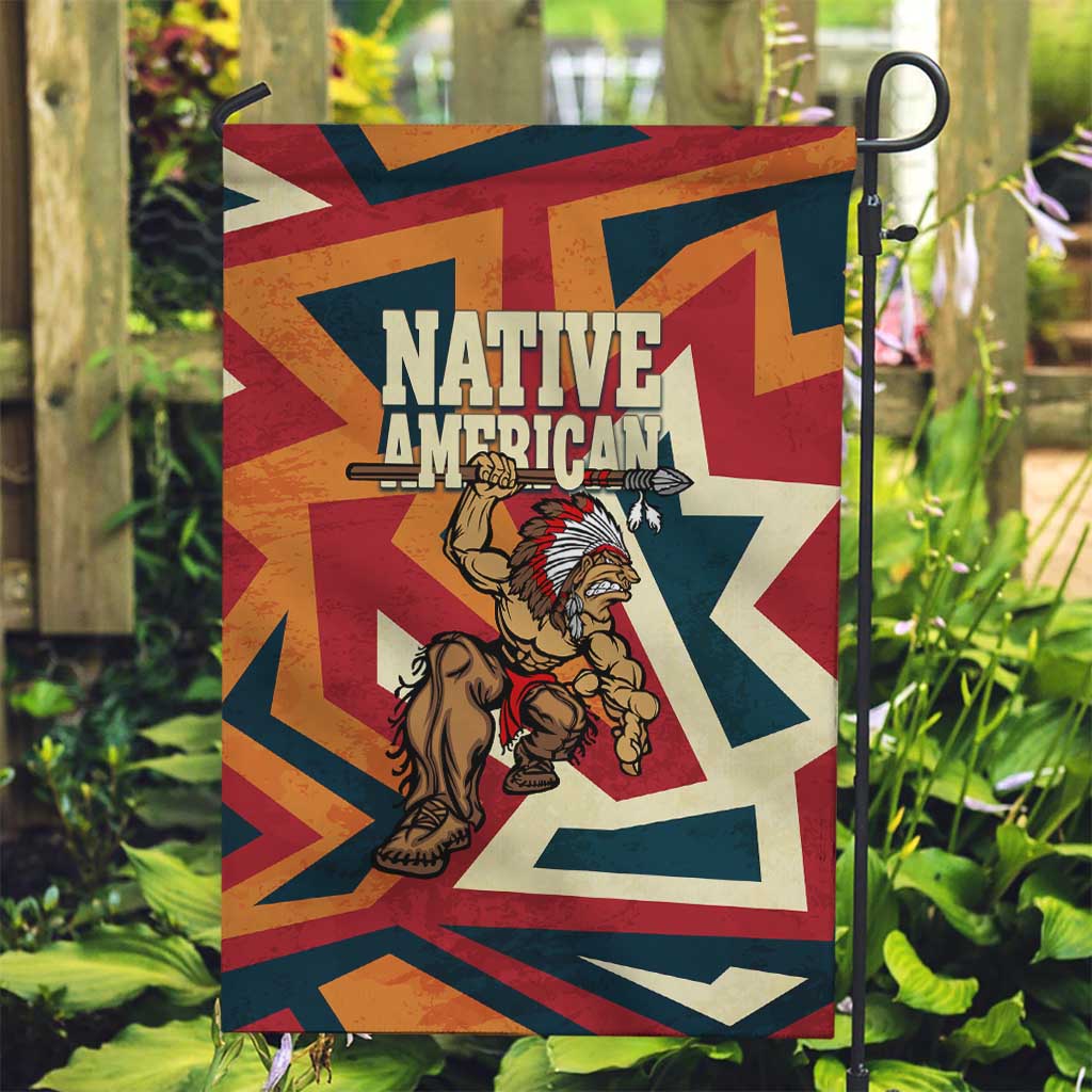 Native American Warrior Garden Flag with Tribal Geometric Pattern Bold Sunset Mountain - Wonder Print Shop