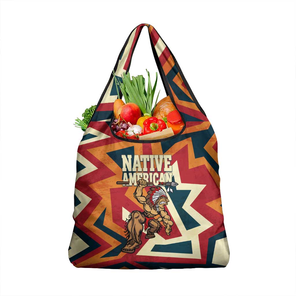 Native American Warrior Grocery Bag with Tribal Geometric Pattern Bold Sunset Mountain - Wonder Print Shop
