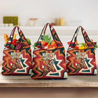 Native American Warrior Grocery Bag with Tribal Geometric Pattern Bold Sunset Mountain - Wonder Print Shop