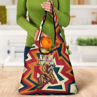 Native American Warrior Grocery Bag with Tribal Geometric Pattern Bold Sunset Mountain - Wonder Print Shop