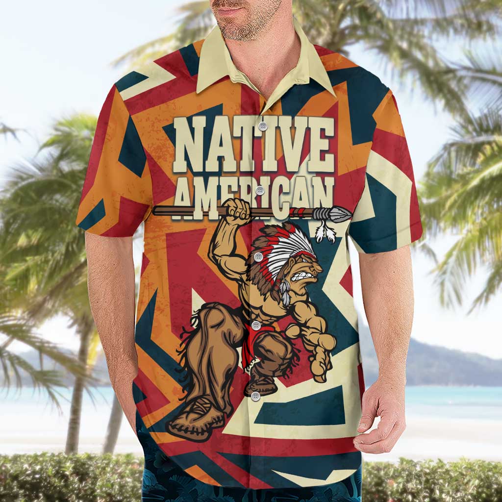 Native American Warrior Hawaiian Shirt with Tribal Geometric Pattern Bold Sunset Mountain - Wonder Print Shop