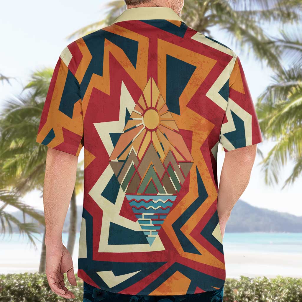 Native American Warrior Hawaiian Shirt with Tribal Geometric Pattern Bold Sunset Mountain - Wonder Print Shop