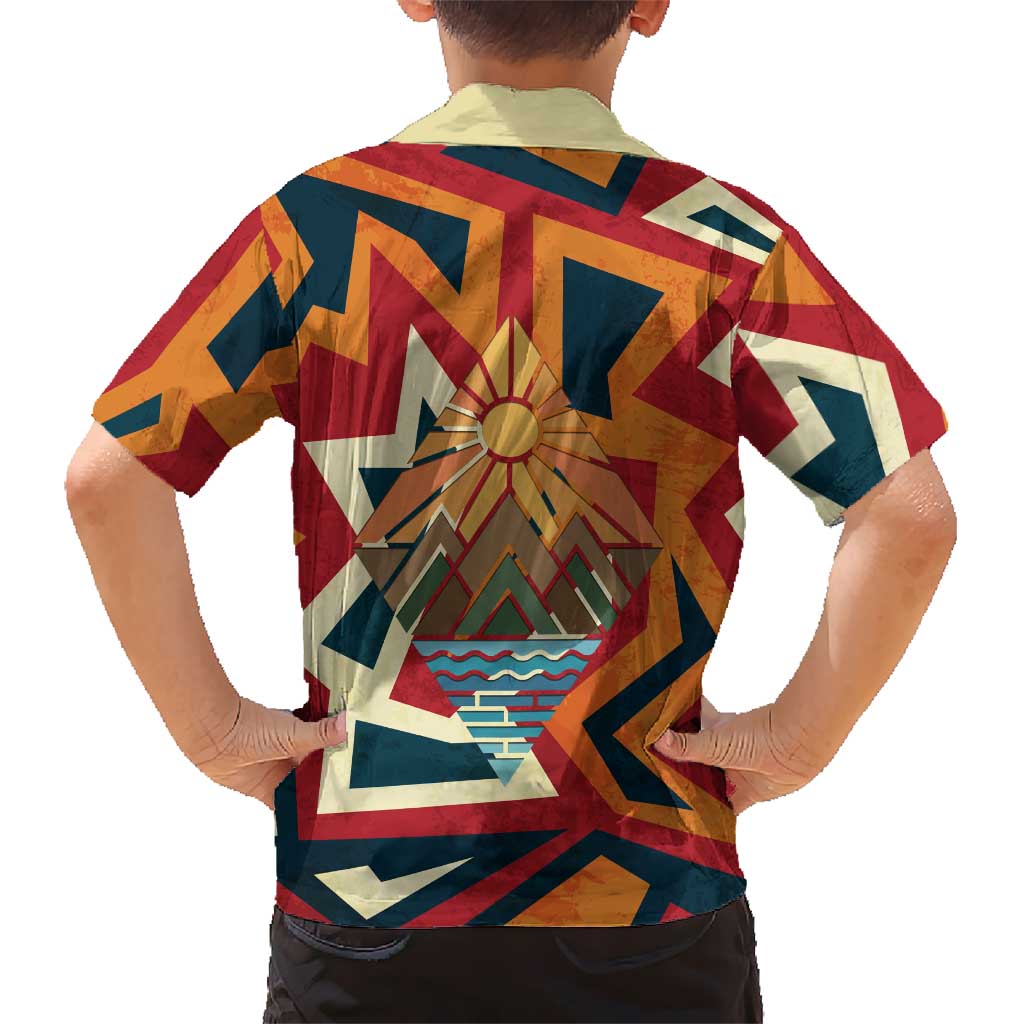 Native American Warrior Hawaiian Shirt with Tribal Geometric Pattern Bold Sunset Mountain - Wonder Print Shop
