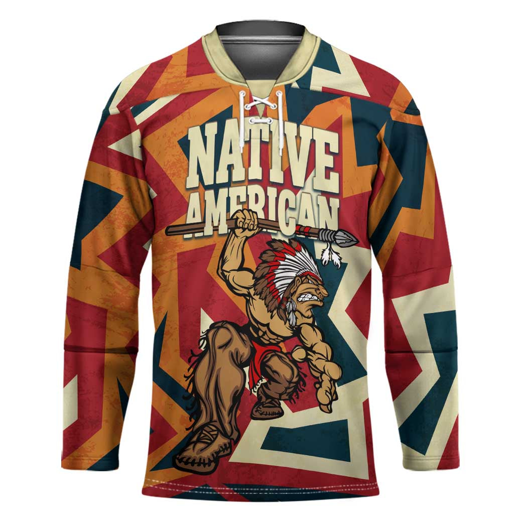 Native American Warrior Hockey Jersey with Tribal Geometric Pattern Bold Sunset Mountain - Wonder Print Shop