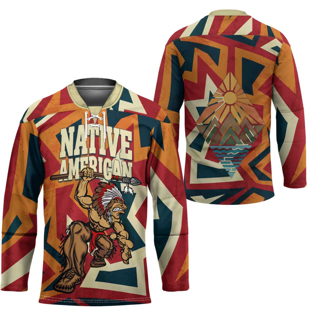 Native American Warrior Hockey Jersey with Tribal Geometric Pattern Bold Sunset Mountain - Wonder Print Shop