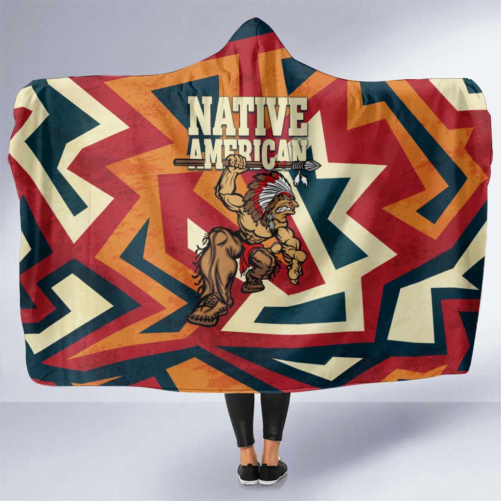 Native American Warrior Hooded Blanket with Tribal Geometric Pattern Bold Sunset Mountain - Wonder Print Shop