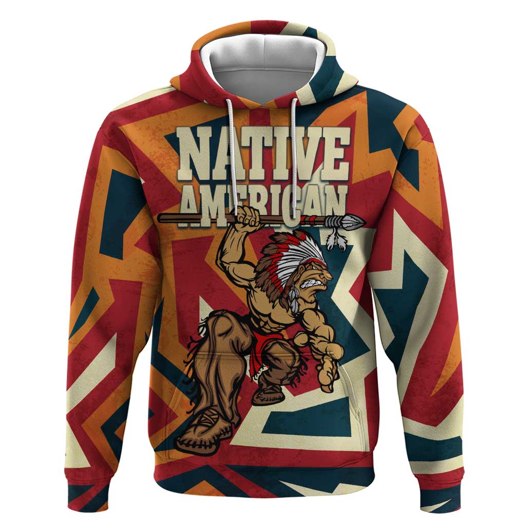Native American Warrior Hoodie with Tribal Geometric Pattern Bold Sunset Mountain - Wonder Print Shop