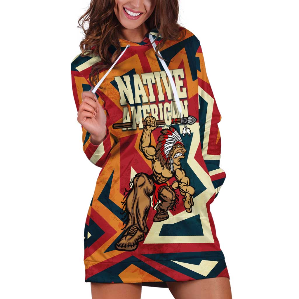 Native American Warrior Hoodie Dress with Tribal Geometric Pattern Bold Sunset Mountain - Wonder Print Shop