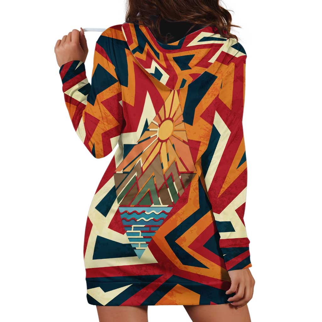 Native American Warrior Hoodie Dress with Tribal Geometric Pattern Bold Sunset Mountain - Wonder Print Shop