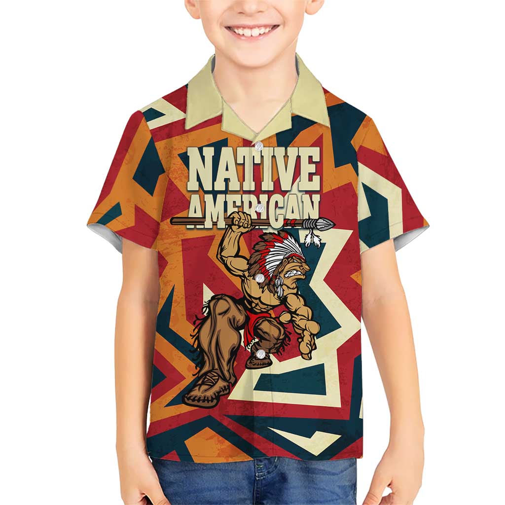 Native American Warrior Kid Hawaiian Shirt with Tribal Geometric Pattern Bold Sunset Mountain - Wonder Print Shop