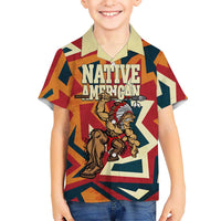 Native American Warrior Kid Hawaiian Shirt with Tribal Geometric Pattern Bold Sunset Mountain - Wonder Print Shop