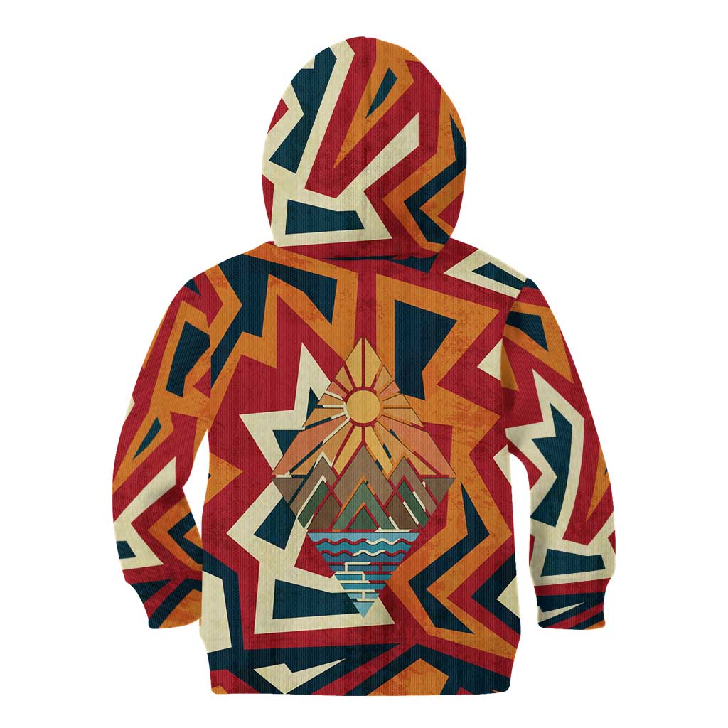 Native American Warrior Kid Hoodie with Tribal Geometric Pattern Bold Sunset Mountain - Wonder Print Shop