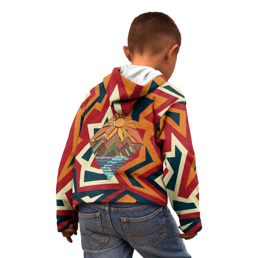 Native American Warrior Kid Hoodie with Tribal Geometric Pattern Bold Sunset Mountain - Wonder Print Shop