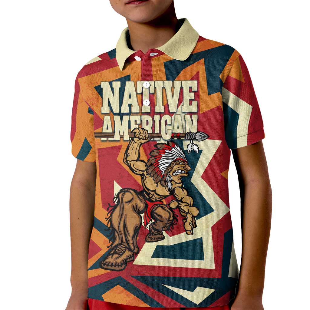 Native American Warrior Kid Polo Shirt with Tribal Geometric Pattern Bold Sunset Mountain - Wonder Print Shop