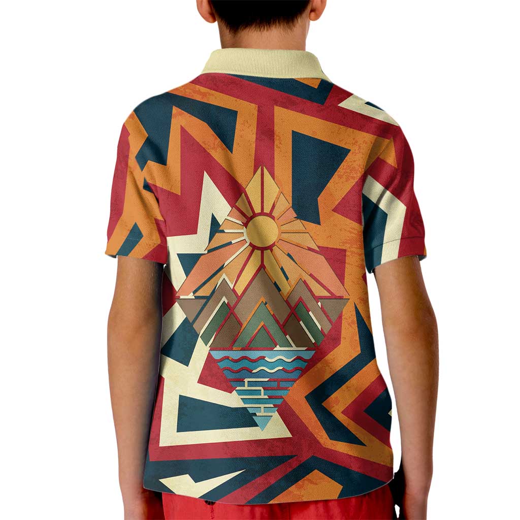 Native American Warrior Kid Polo Shirt with Tribal Geometric Pattern Bold Sunset Mountain - Wonder Print Shop