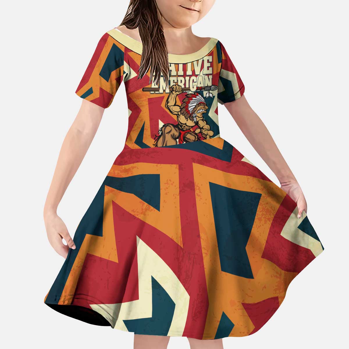 Native American Warrior Kid Short Sleeve Dress with Tribal Geometric Pattern Bold Sunset Mountain - Wonder Print Shop