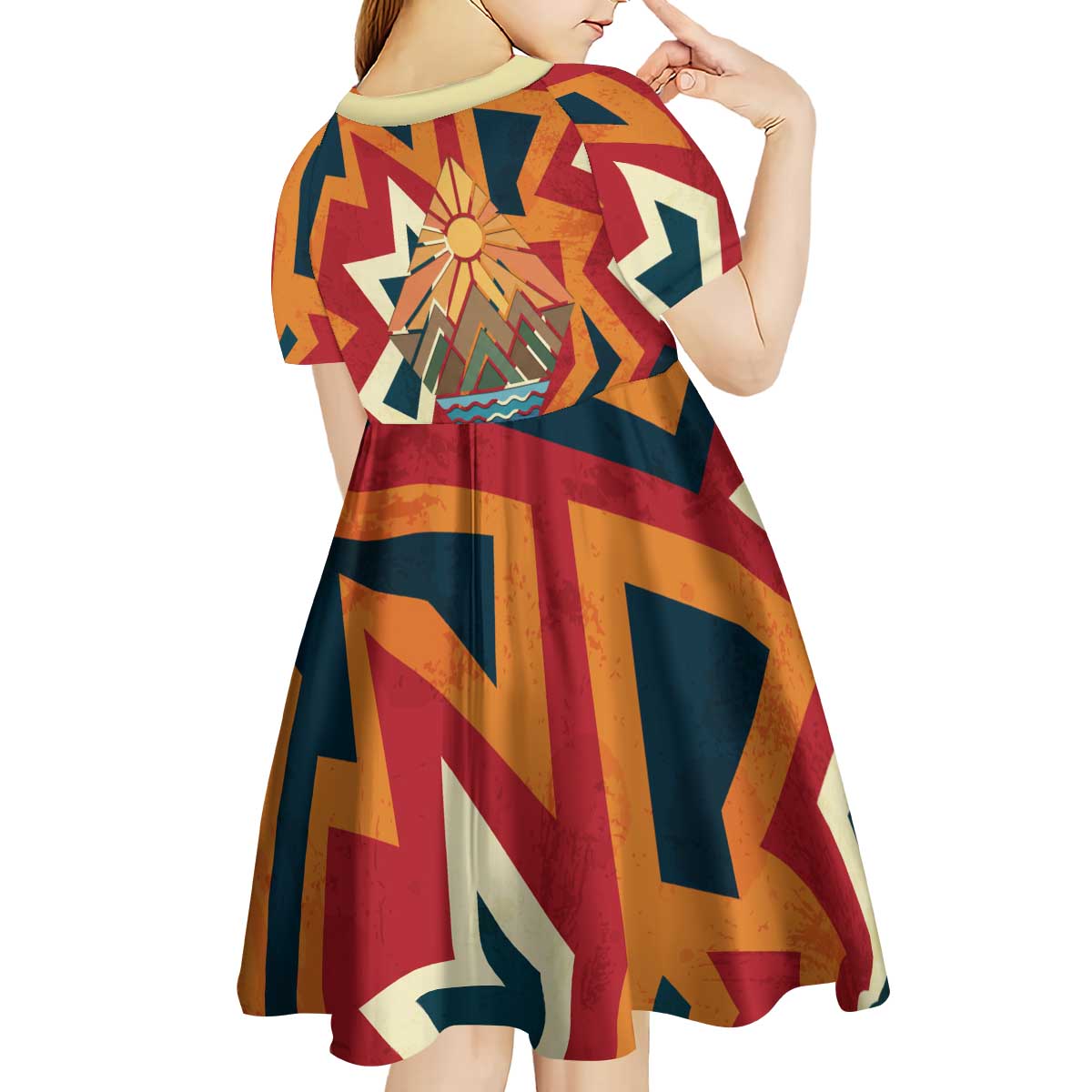 Native American Warrior Kid Short Sleeve Dress with Tribal Geometric Pattern Bold Sunset Mountain - Wonder Print Shop