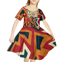 Native American Warrior Kid Short Sleeve Dress with Tribal Geometric Pattern Bold Sunset Mountain - Wonder Print Shop