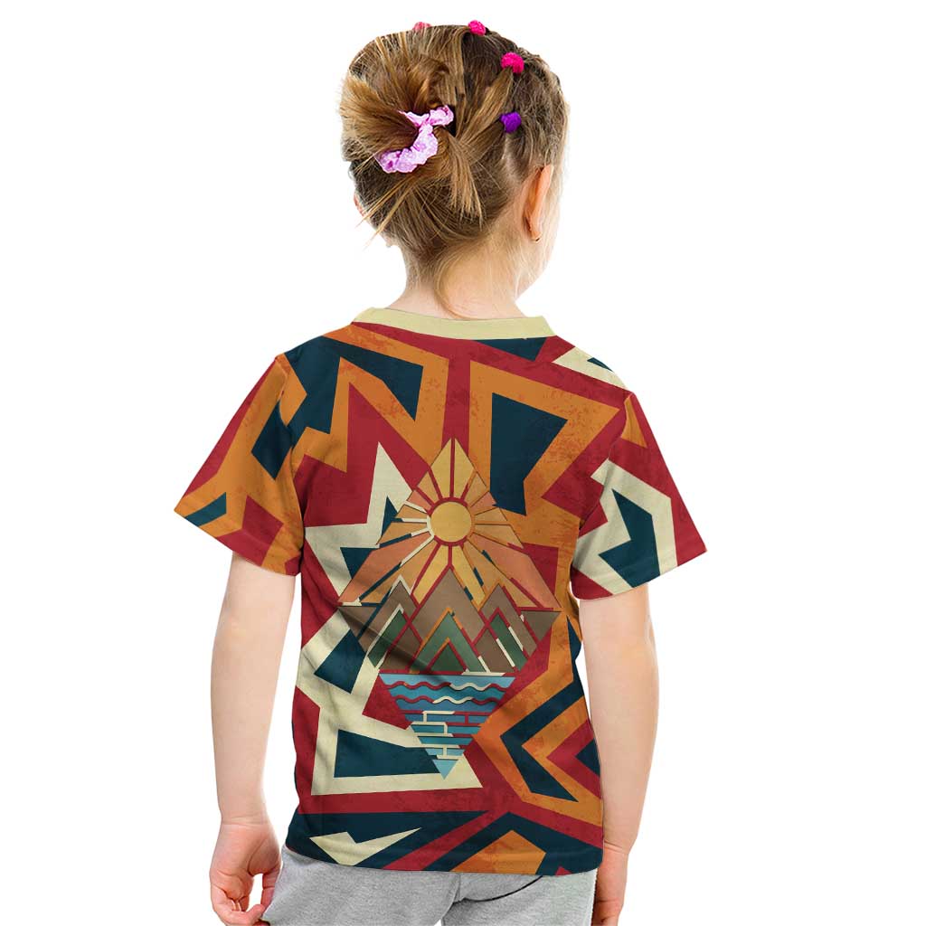 Native American Warrior Kid T Shirt with Tribal Geometric Pattern Bold Sunset Mountain - Wonder Print Shop