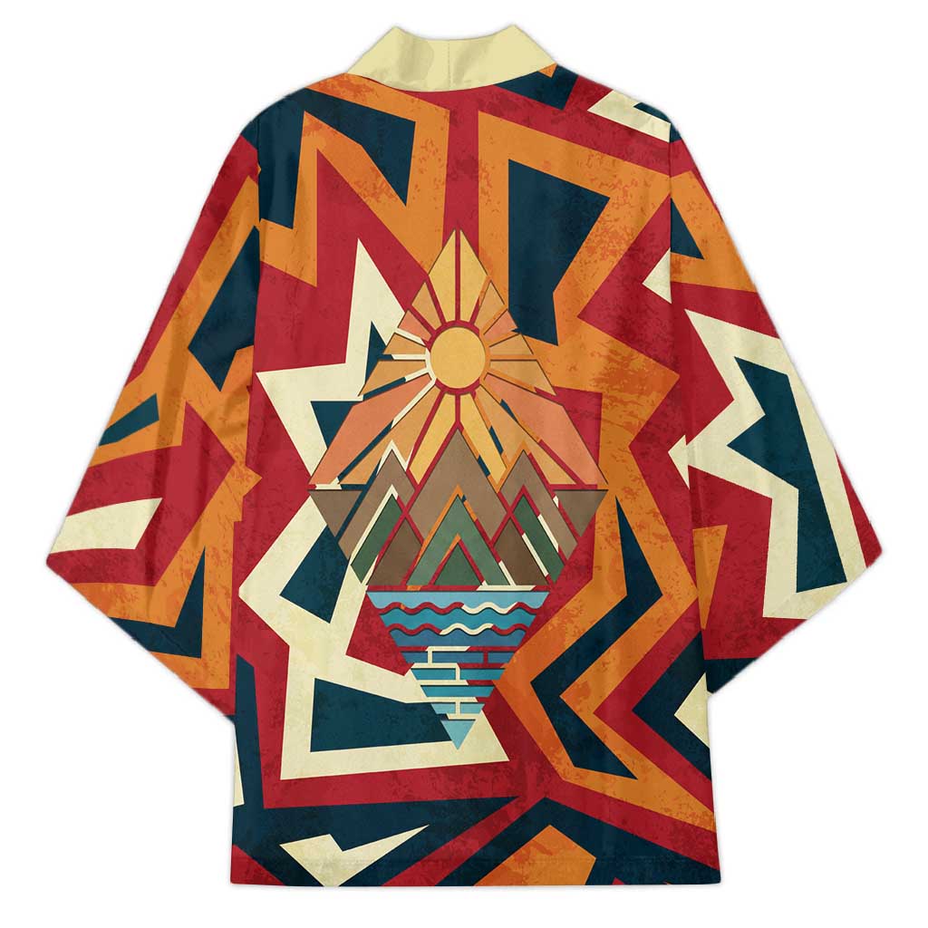 Native American Warrior Kimono with Tribal Geometric Pattern Bold Sunset Mountain - Wonder Print Shop