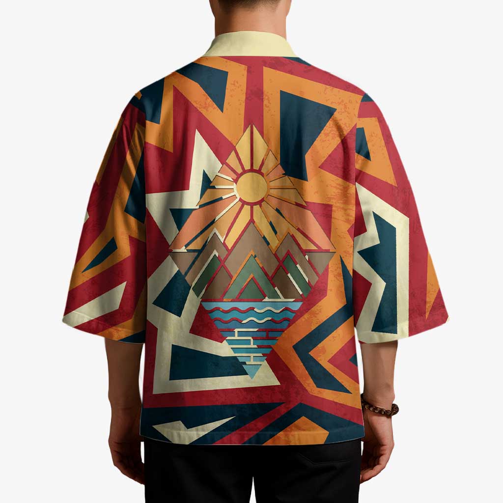 Native American Warrior Kimono with Tribal Geometric Pattern Bold Sunset Mountain - Wonder Print Shop