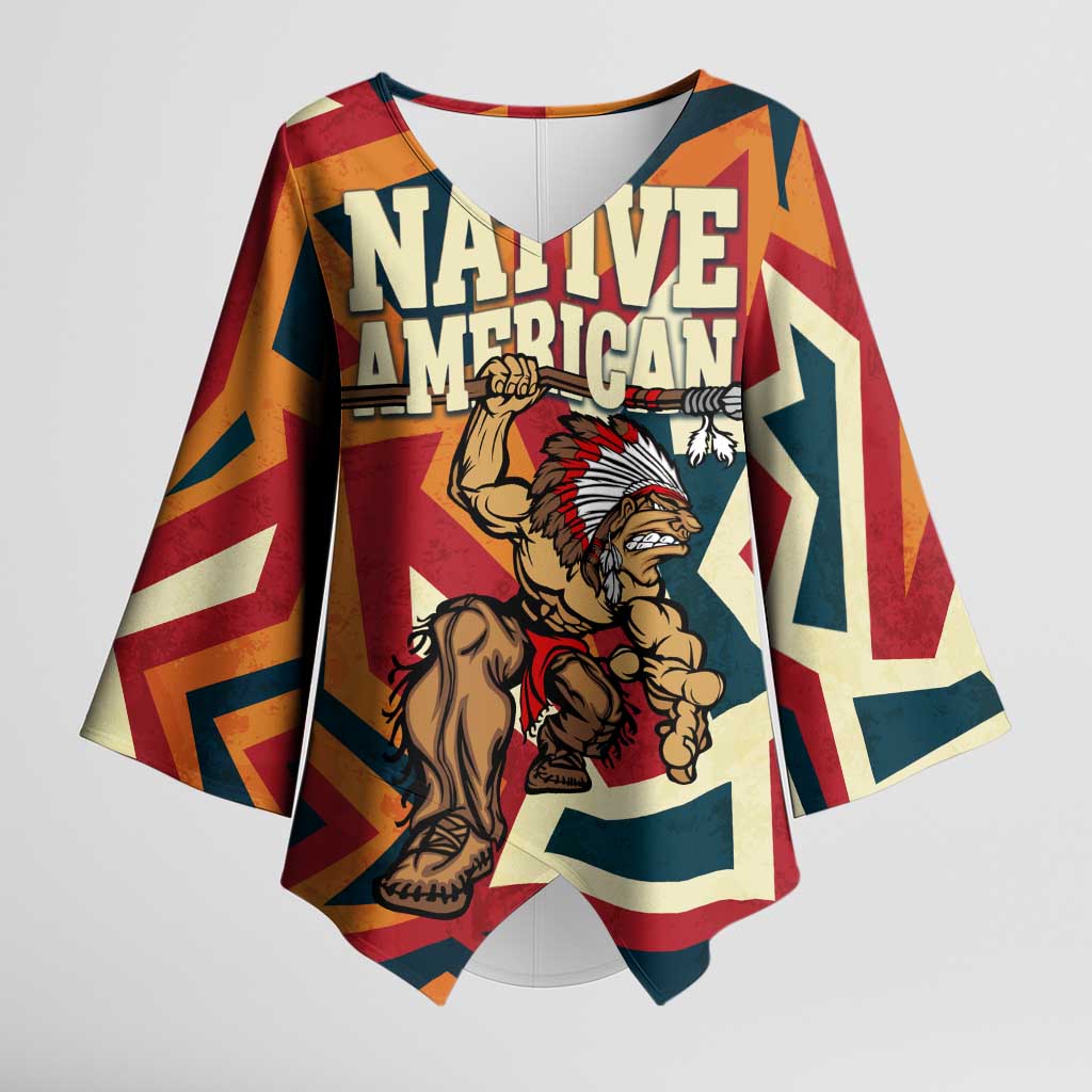 Native American Warrior Kimono Sleeve Blouse with Tribal Geometric Pattern Bold Sunset Mountain - Wonder Print Shop