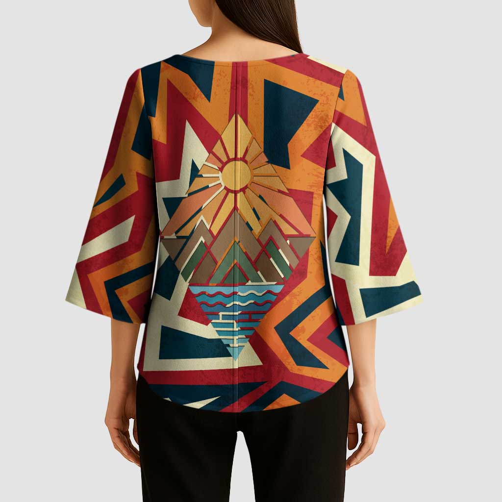 Native American Warrior Kimono Sleeve Blouse with Tribal Geometric Pattern Bold Sunset Mountain - Wonder Print Shop