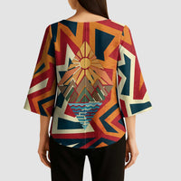 Native American Warrior Kimono Sleeve Blouse with Tribal Geometric Pattern Bold Sunset Mountain - Wonder Print Shop