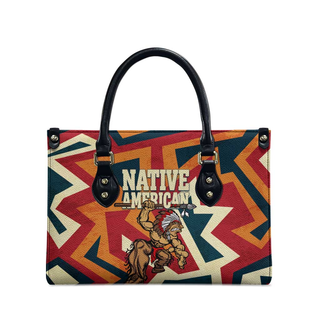 Native American Warrior Leather Bag with Tribal Geometric Pattern Bold Sunset Mountain - Wonder Print Shop