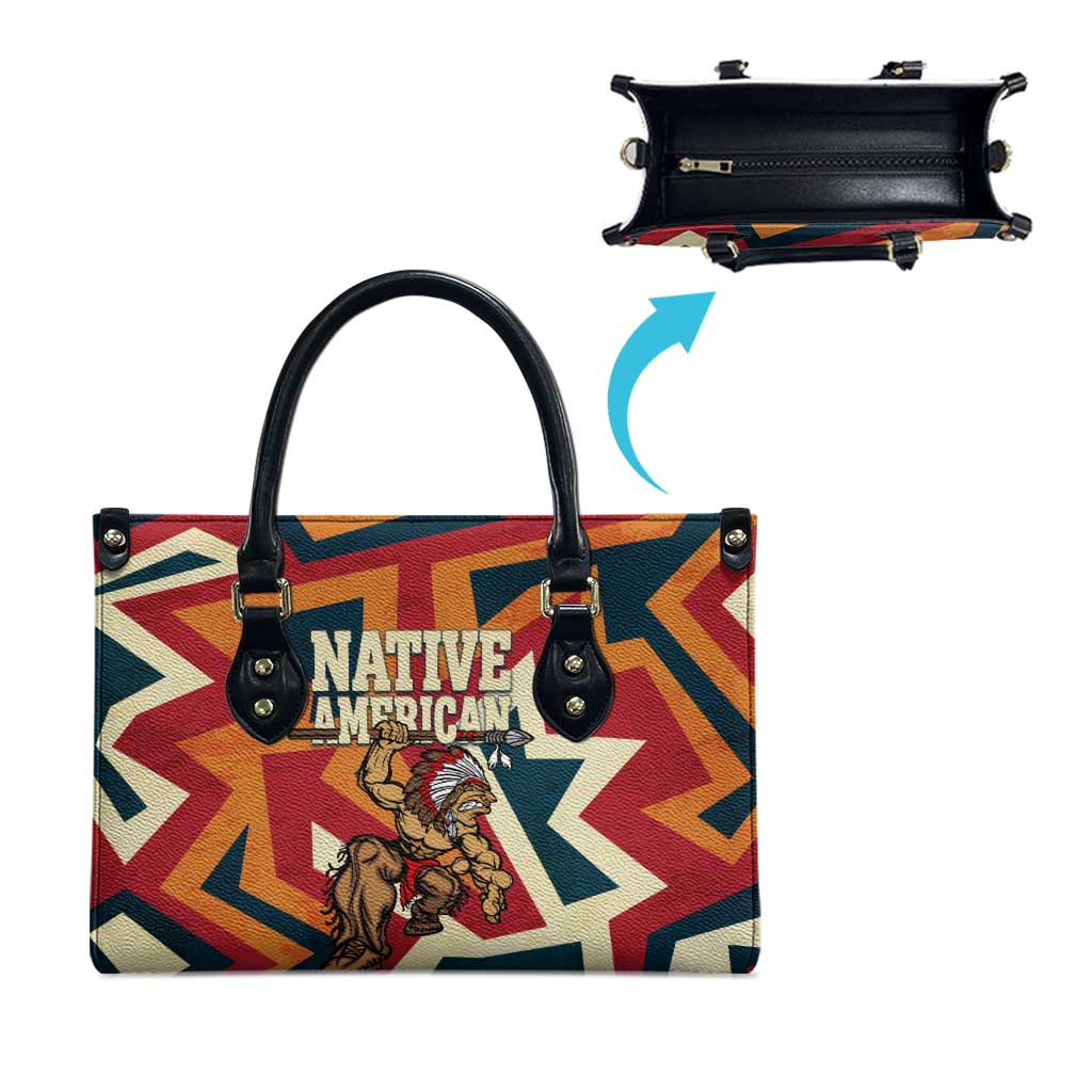 Native American Warrior Leather Bag with Tribal Geometric Pattern Bold Sunset Mountain - Wonder Print Shop