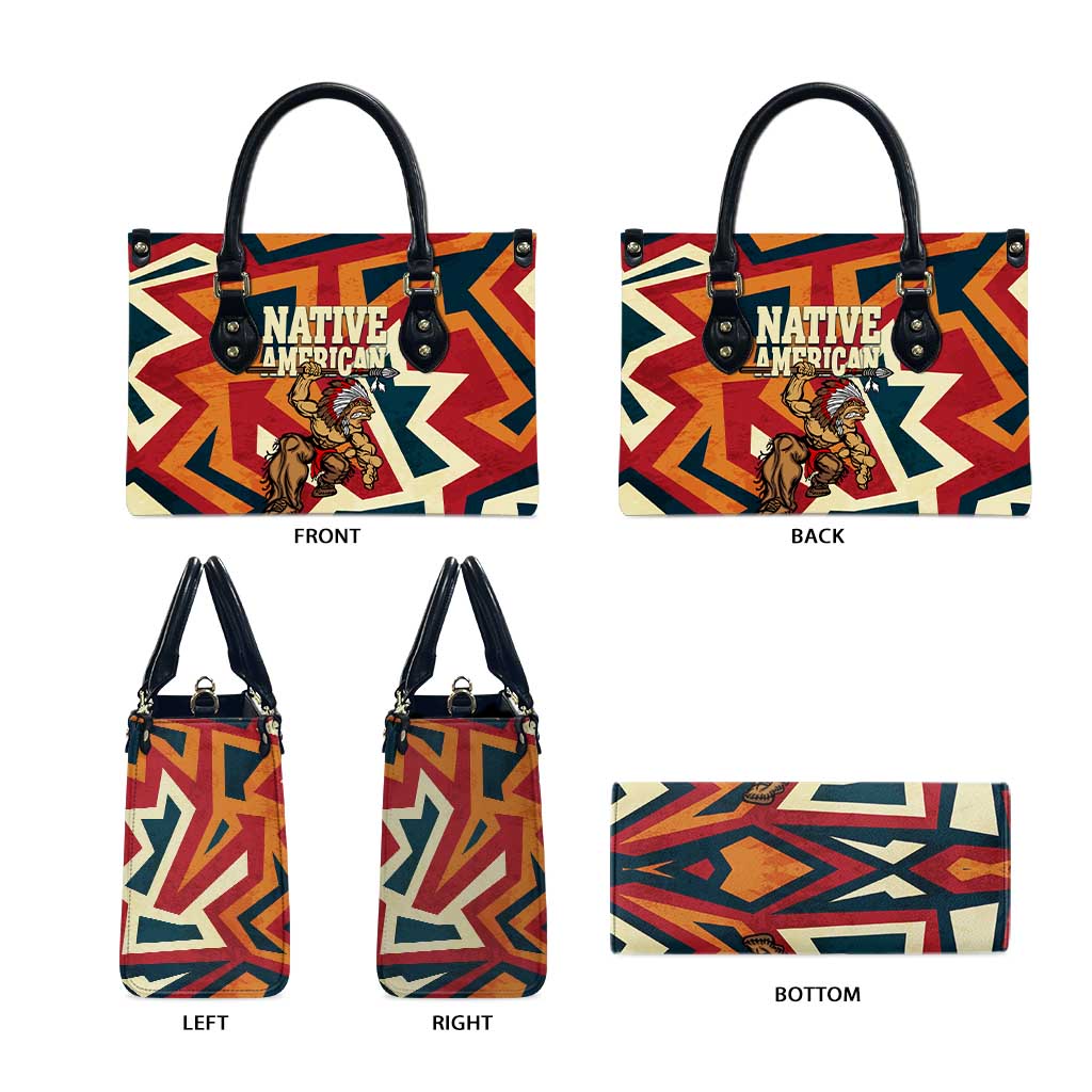 Native American Warrior Leather Bag with Tribal Geometric Pattern Bold Sunset Mountain - Wonder Print Shop