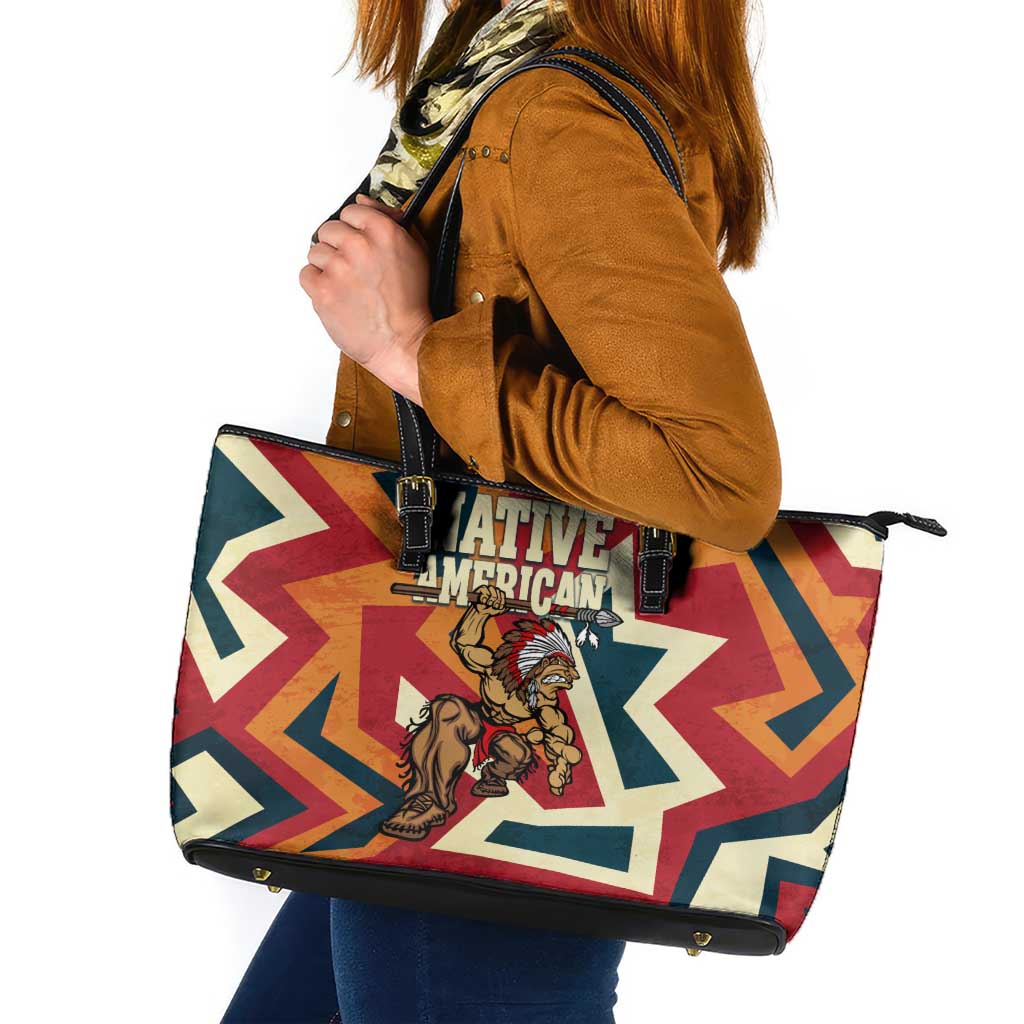 Native American Warrior Leather Tote Bag with Tribal Geometric Pattern Bold Sunset Mountain - Wonder Print Shop