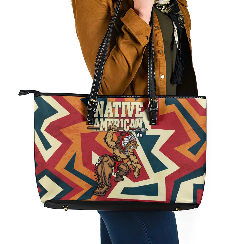 Native American Warrior Leather Tote Bag with Tribal Geometric Pattern Bold Sunset Mountain - Wonder Print Shop