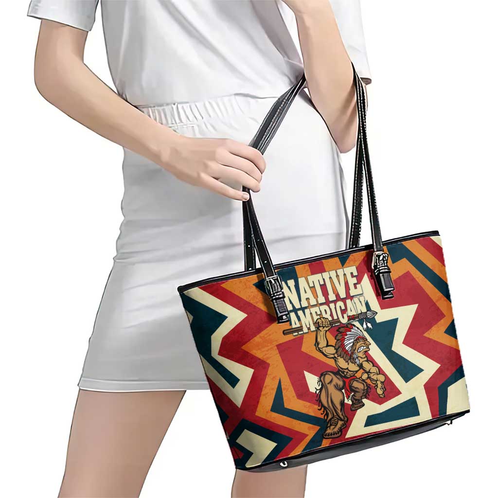 Native American Warrior Leather Tote Bag with Tribal Geometric Pattern Bold Sunset Mountain - Wonder Print Shop
