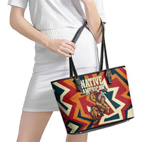Native American Warrior Leather Tote Bag with Tribal Geometric Pattern Bold Sunset Mountain - Wonder Print Shop